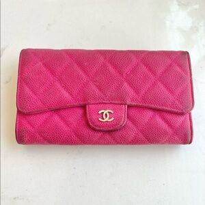 Chanel Bright Pink Classic Flap Quilted Matte Caviar Leather Wallet Clutch WOC